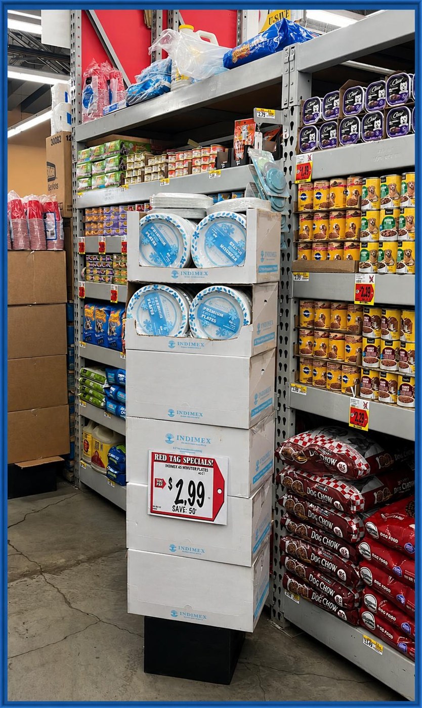 INDIMEX paper plates pallet display in a store aisle