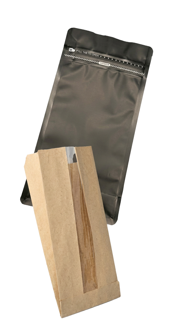 Black coffee pouch and kraft window bag